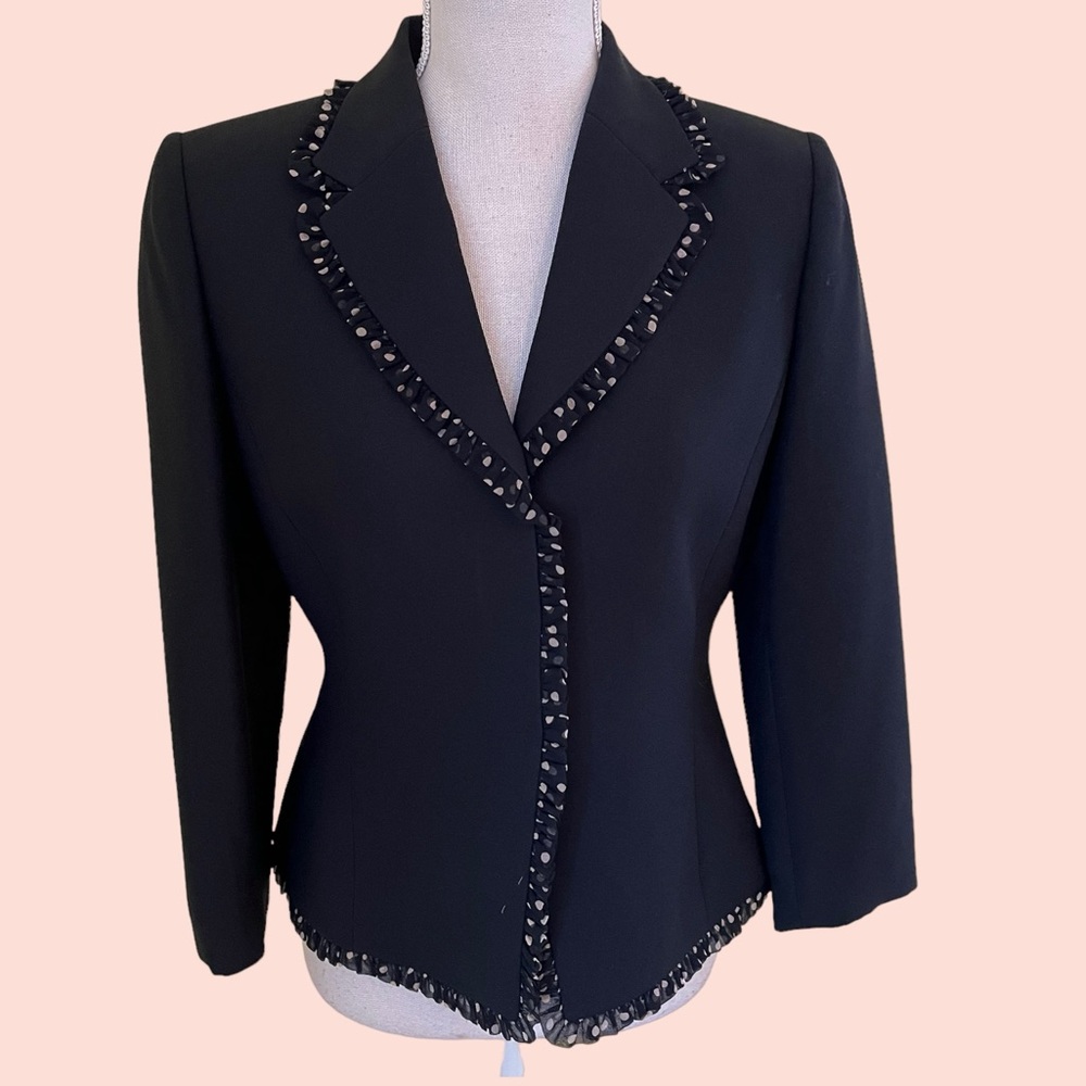 Tahari ASL Black Blazer with Chiffon Polka Dot Edge Detail 6P